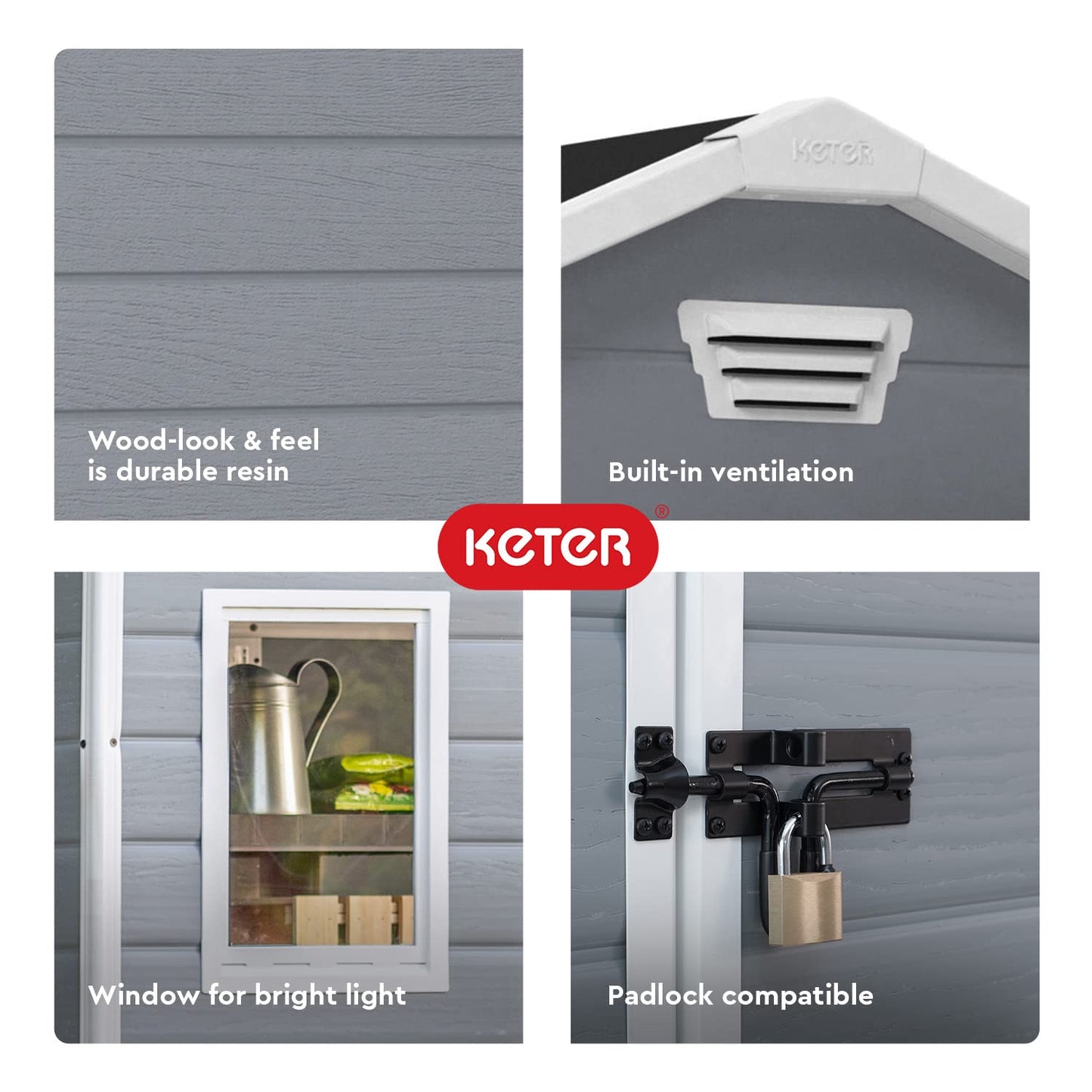 Keter Manor 4x6 Resin Outdoor Storage Shed Kit-Perfect to Store Patio Furniture, Garden Tools Bike Accessories, Beach Chairs and Lawn Mower, Grey & White