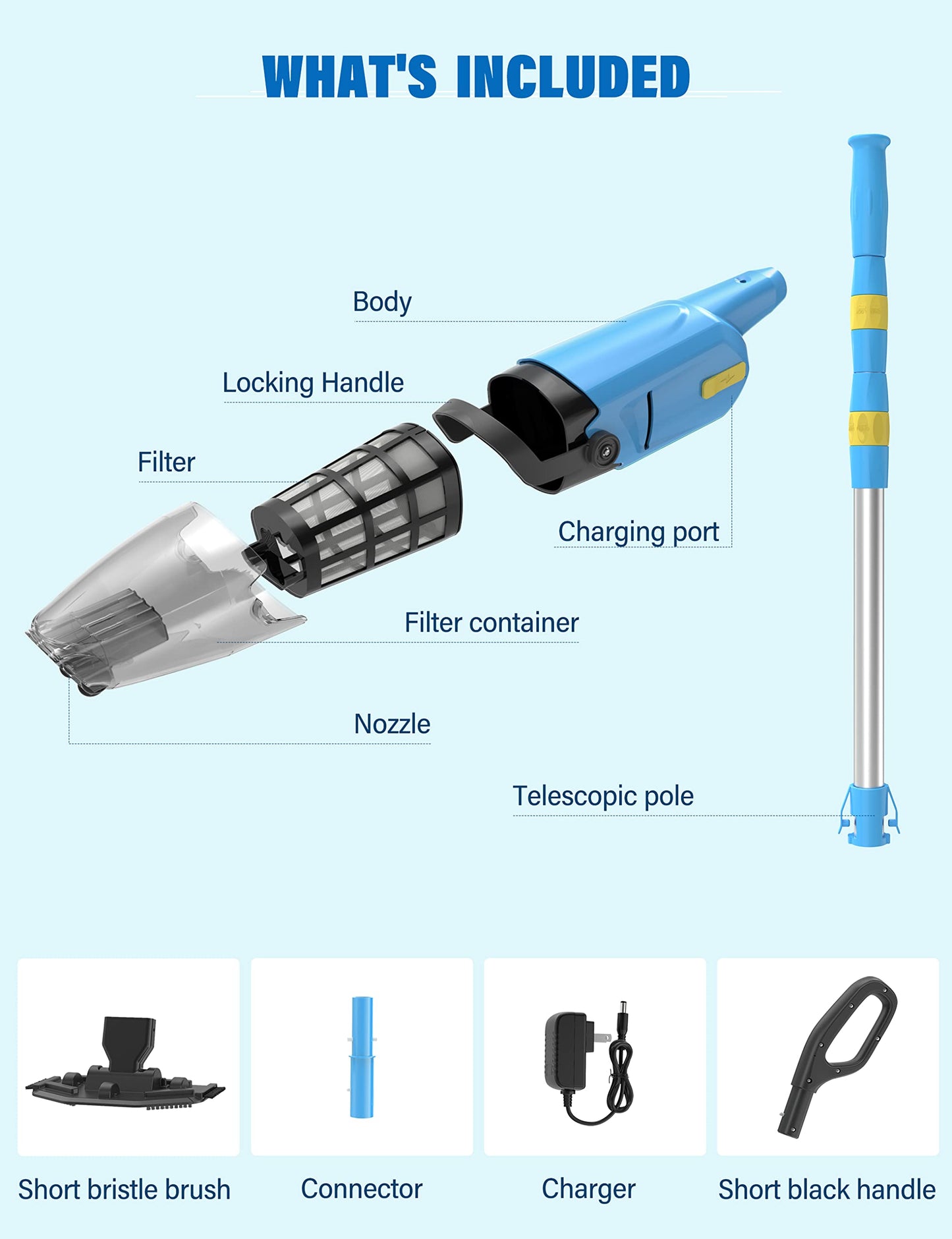 Efurden Handheld Pool Vacuum, Rechargeable Pool Cleaner with Running Time up to 60-Minutes Ideal for Above Ground Pools, Spas and Hot Tub for Sand and Debris, Blue