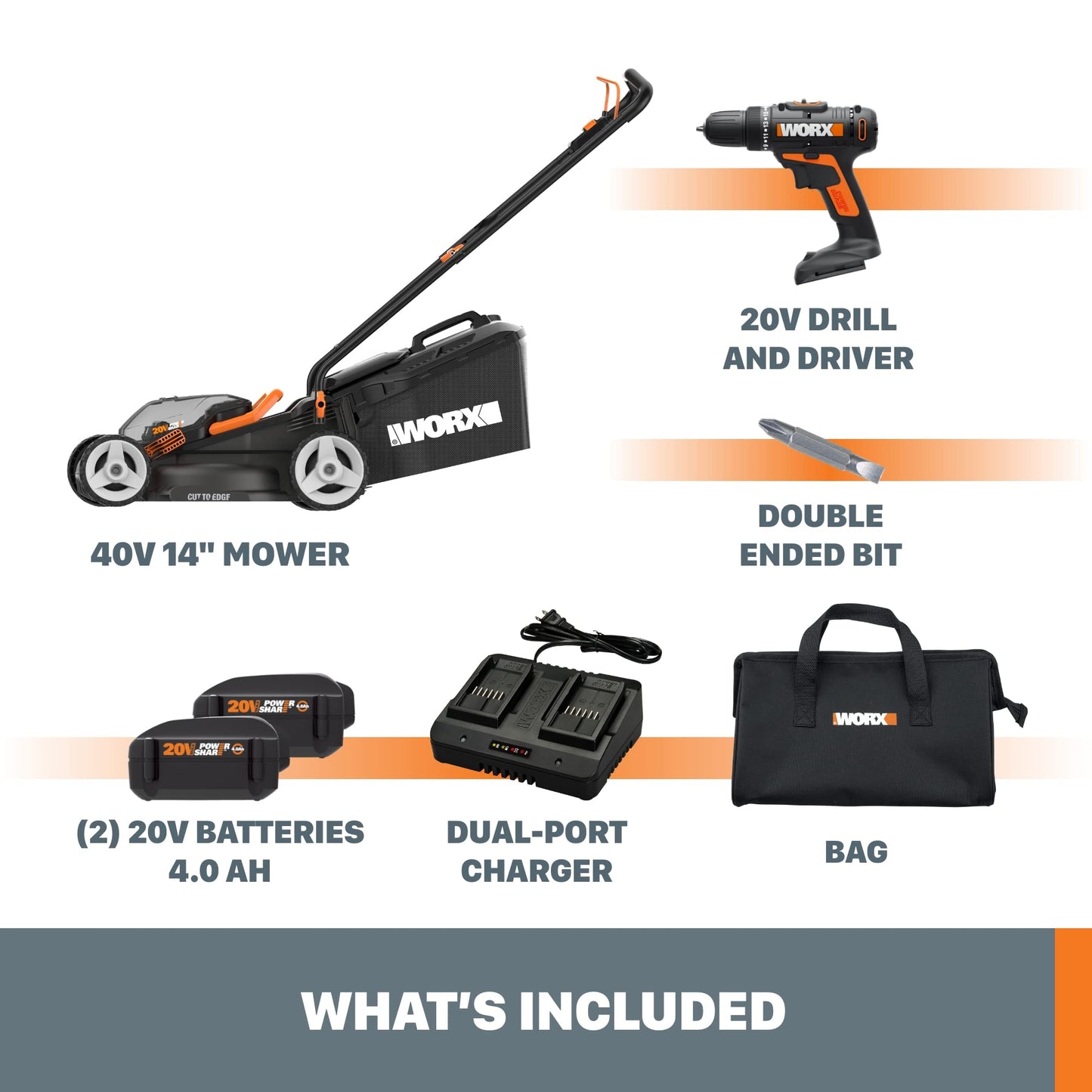 Worx 40V Power Share Yard & Tool Kit 14" 40-Volt 40.0Ah Batteries Included + Drill/Driver Mower + Drill/Driver