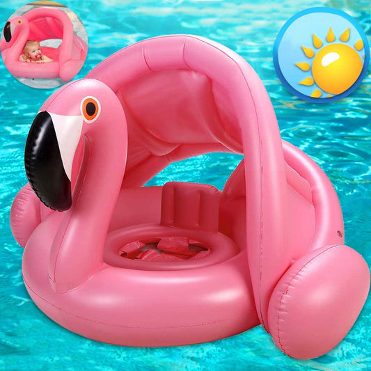 Anneau de natation Flamingo pour bébé avec support arrière UPF 50+ ne se retourne jamais, pare-soleil gonflable pour bébé, enfants, garçons, filles, tout-petits, été, plage, jouets aquatiques, rose