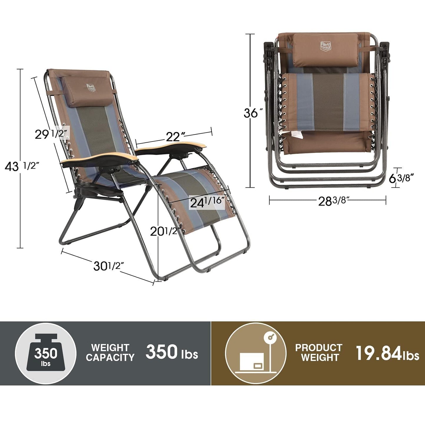 TIMBER RIDGE Chaise inclinable d'extérieur XXL rembourrée avec appuie-tête réglable et porte-gobelet XXL pour pelouse, camping, terrasse, supporte jusqu'à 150 kg, marron