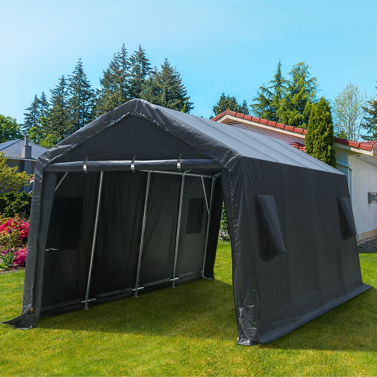 ADVANCE OUTDOOR 10X20 ft Carport Heavy Duty Outdoor Patio Anti-Snow Portable Canopy Storage Shelter Shed with 2 Rolled up Zipper Doors & Vents for Snowmobile Garden Tools, Gray, (8808DGY-1) 10'x20' Dark Gray