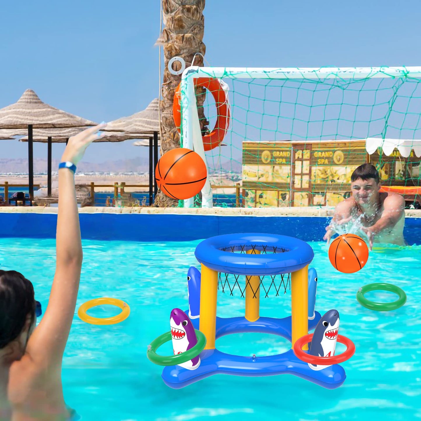 Ensemble de jeux de piscine 2 en 1, cerceau de basket-ball gonflable et jeu de lancer d'anneaux, jouets aquatiques pour enfants adultes famille, accessoires de piscine pour garçons filles