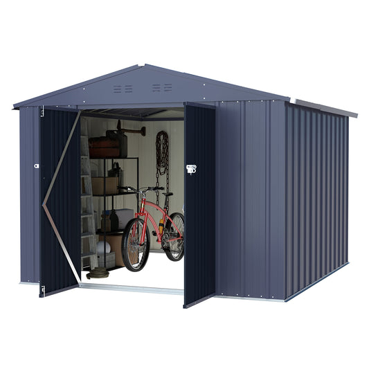 VEIKOU 8' x 10' Storage Sheds Outdoor with Thickened Galvanized Steel, Lockable Door, Air Vents, Garden Tool Metal Storage Shed for Patio, Gray
