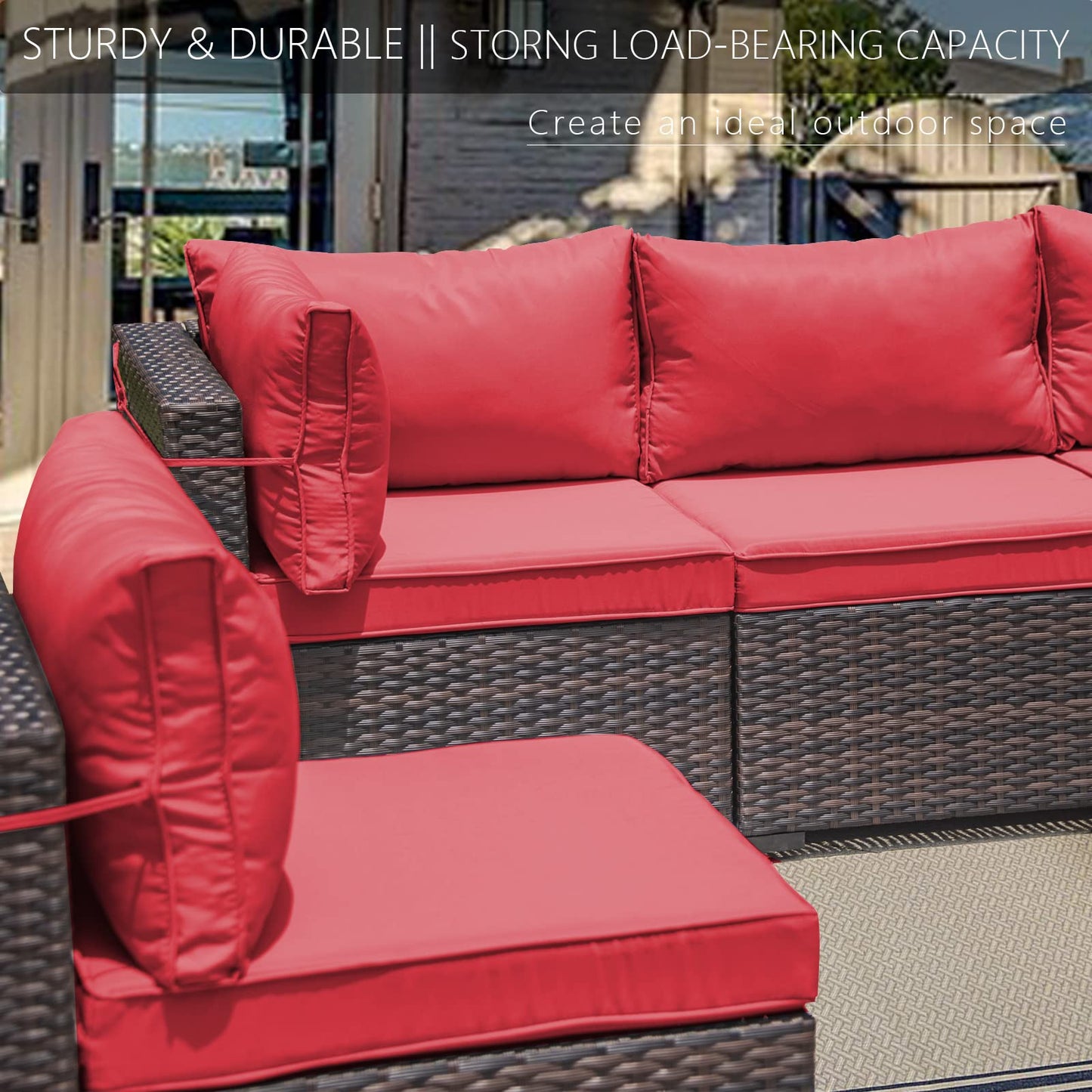 ALAULM 7 Piece Outdoor Patio Furniture Sets, Patio Sectional Sofa - Red