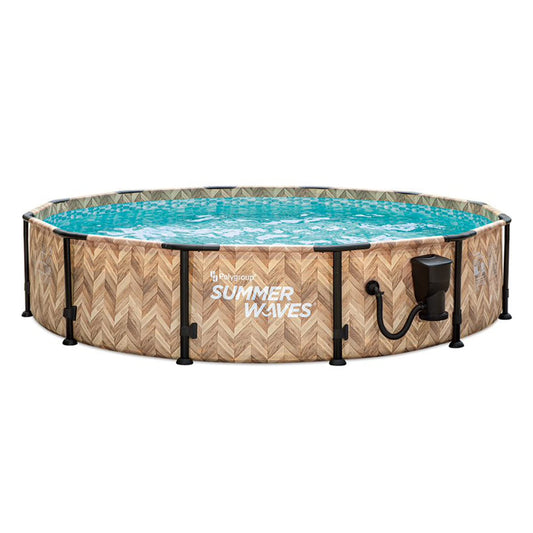 Summer Waves Oak Herringbone Elite 12' x 30" Outdoor Backyard Round Frame Ensemble de piscine hors sol avec pompe de filtration, cartouche et patch de réparation