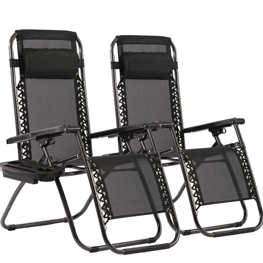 Zero Gravity Chaises Chaises de terrasse Chaise longue de pelouse Ensemble de 2 avec oreiller et porte-gobelet Meubles de terrasse Chaises pliantes inclinables réglables pour terrasse, terrasse, plage, cour Noir