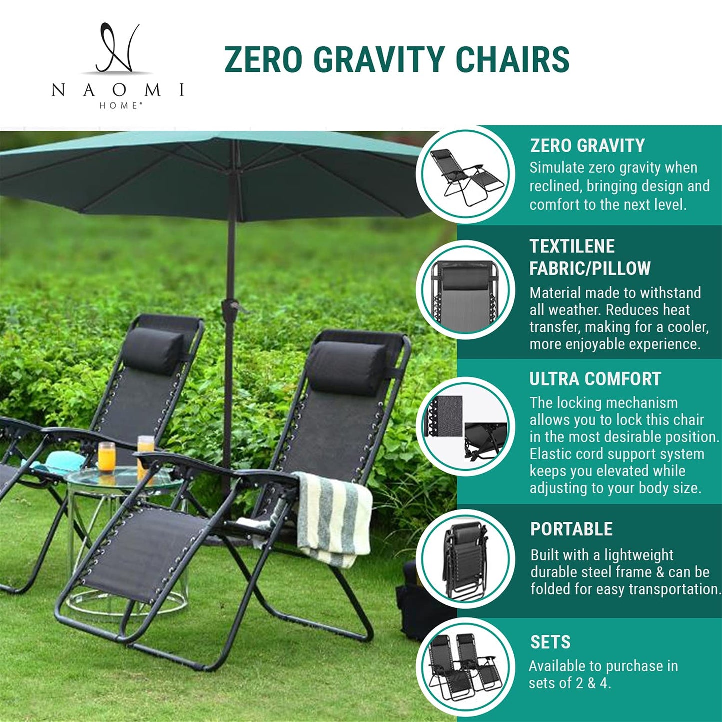 Zero Gravity Chairs Set of 2 Pool Lounge Chair Zero Gravity Recliner Lawn Patio Outdoor Porch Beach Backyard Anti Gravity Chair Folding Reclining Camping Chair with Headrest by Naomi Home - Grey Modern