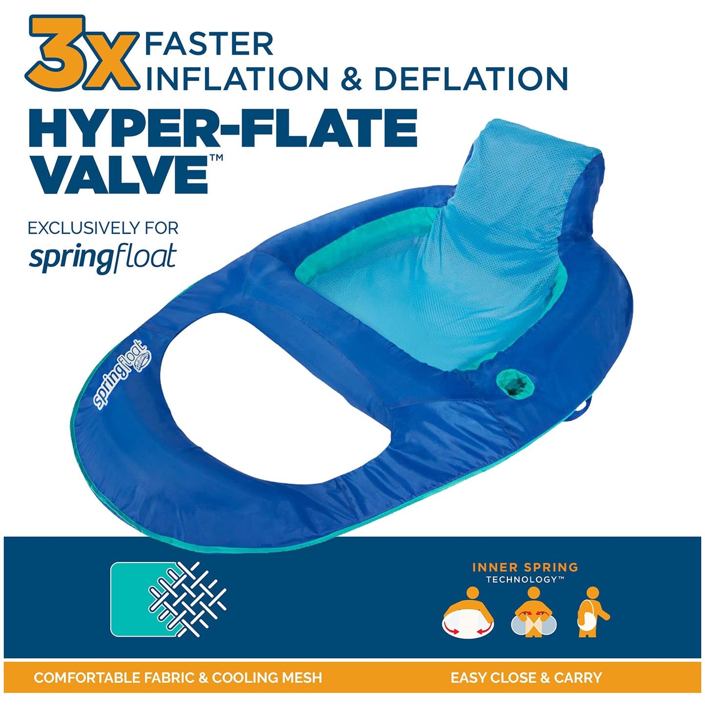 SwimWays Spring Float Recliner Pool Lounger with Hyper-Flate Valve, Inflatable Pool Float, Blue Blue Recliner