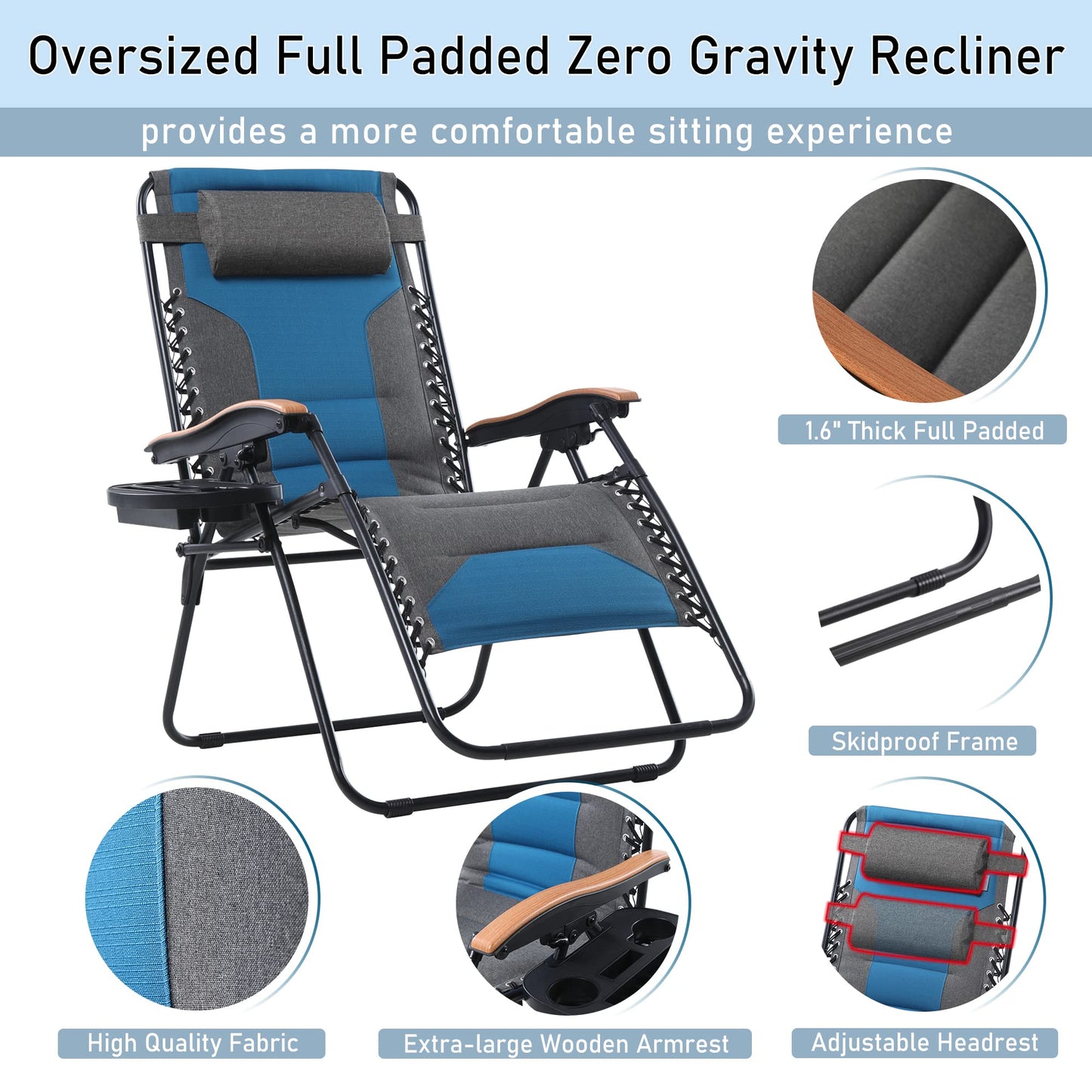 PHI VILLA Oversize XL Rembourré Zero Gravity Lounge Chair Family Lovers Pack avec large accoudoir inclinable pliable, Lot de 2, Support 400 LBS (Vert Bleu) Vert Bleu-surdimensionné 2-Pack