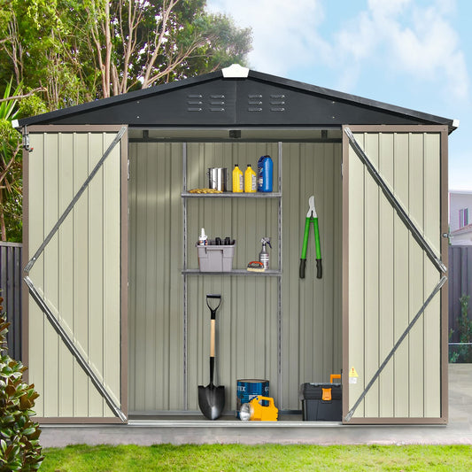 Goohome Sheds & Outdoor Storage, 8ft x6ft Outdoor Storage Shed with Design of Lockable Doors and Air Vent, Stable Steel Shed, Spacious Multipurpose House Garden Tool Storage Shed for Backyard, Lawn B-Brown