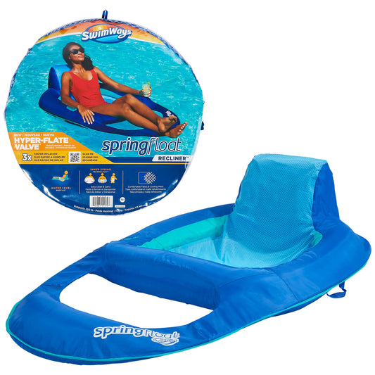 SwimWays Chaise longue de piscine inclinable à ressort avec valve hyper plate, flotteur de piscine gonflable, inclinable bleu bleu