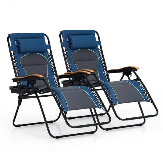 PHI VILLA Lot de 2 chaises longues rembourrées Zero Gravity surdimensionnées avec accoudoir large et inclinable pliable, lot de 2, supporte 400 lb (Cyan) bleu gris-lot de 2 surdimensionnés