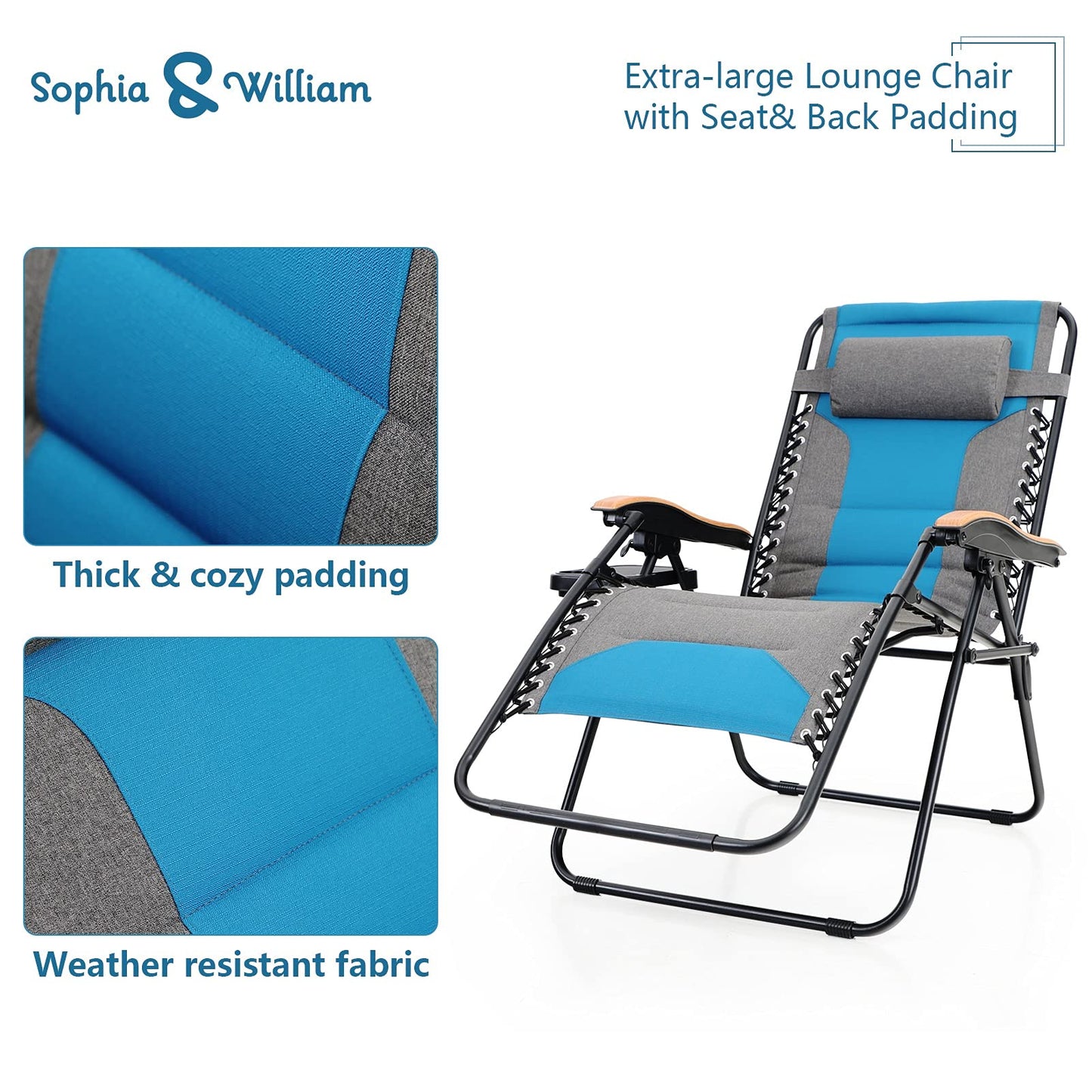 Sophia & William Oversize Zero Gravity Chair 2 Pack, Padded Lounge Chair with Free Cup Holder, Supports 350 LBS (Cobalt Blue) Cobalt Blue