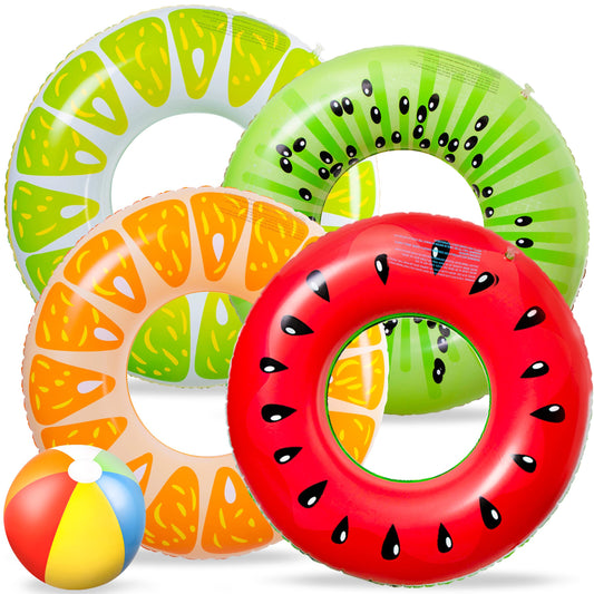 90shine 5PCS Fruit Piscine Flotteurs Pastèque Kiwi Orange Citron Anneaux De Natation avec 13.5" Ballon De Plage - Tubes Gonflables Floaties Jouets pour Enfants Adultes