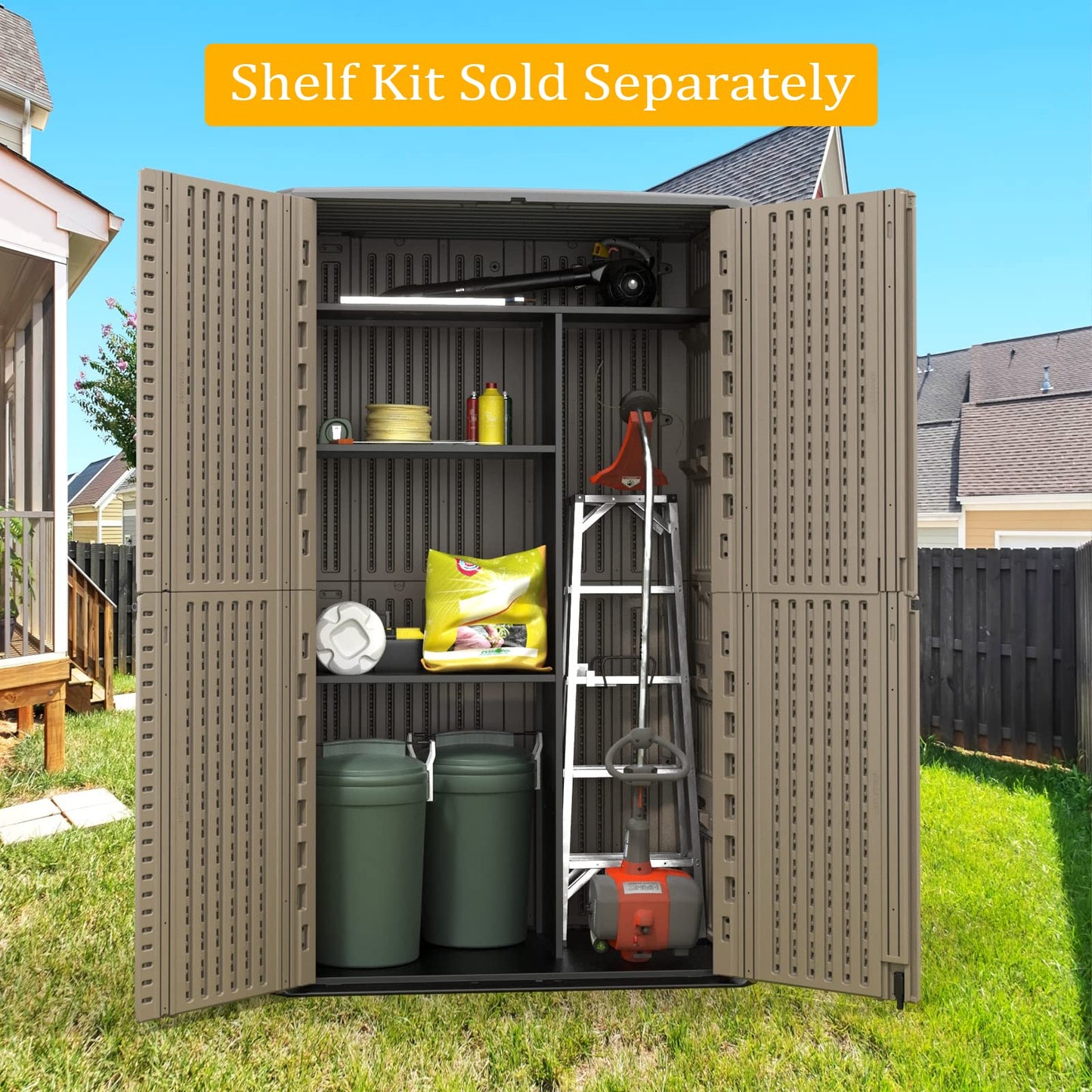 HOMSPARK Resin Outdoor Storage Shed, 52 Cubic Feet Garden Tool Storage Shed with Lockable Door, Double-Layer Outdoor Storage Cabinet for Backyard Garden Patio Lawn Brown