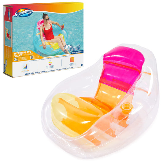 Swimways Dry Float Socializer Flotteur de piscine, fauteuil inclinable gonflable translucide pour adultes avec gonflage rapide, porte-gobelet et dossier
