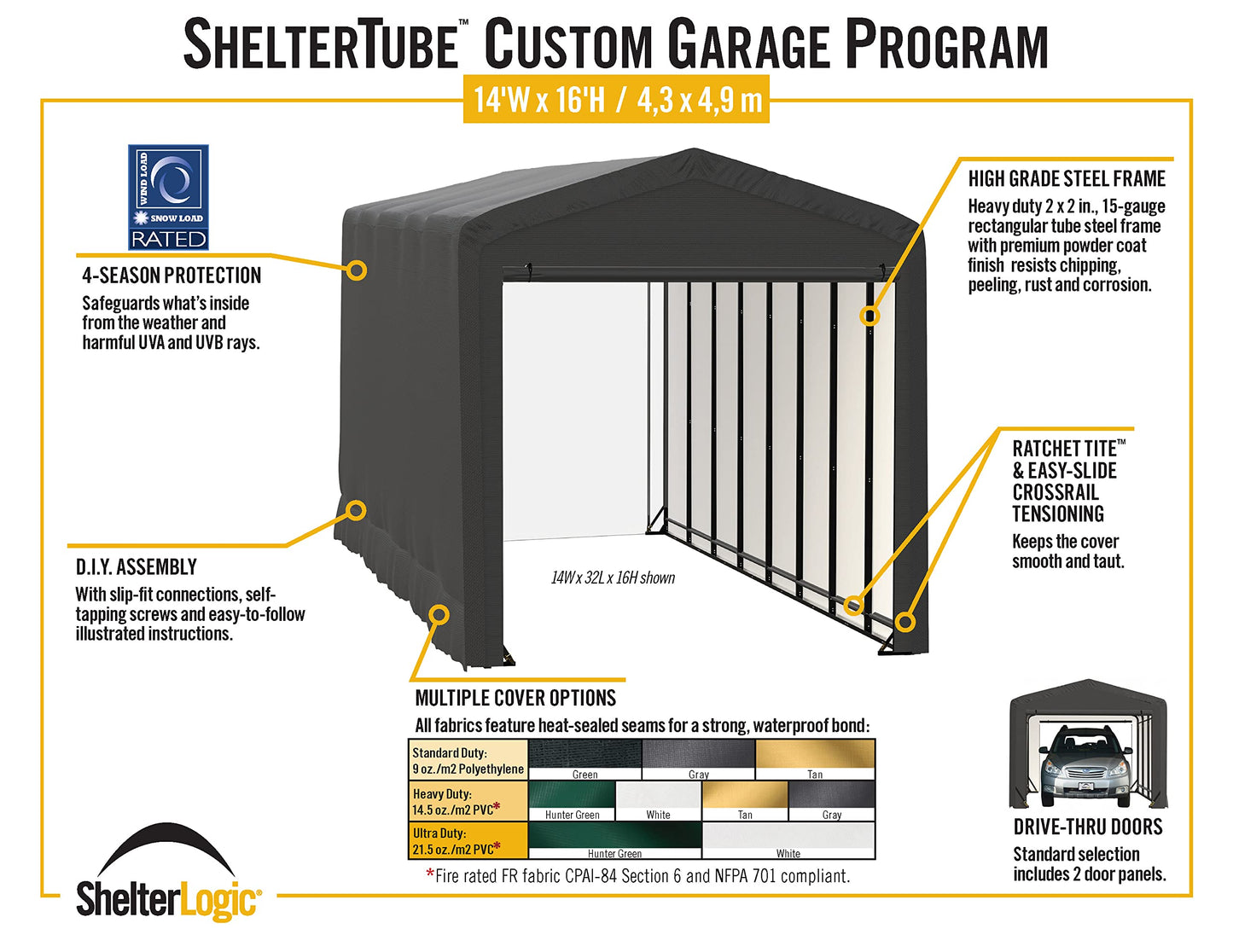 ShelterLogic ShelterTube Garage & Storage Shelter, 14' x 18' x 16' Heavy-Duty Steel Frame Wind and Snow-Load Rated Enclosure, Gray 14' x 18' x 16'