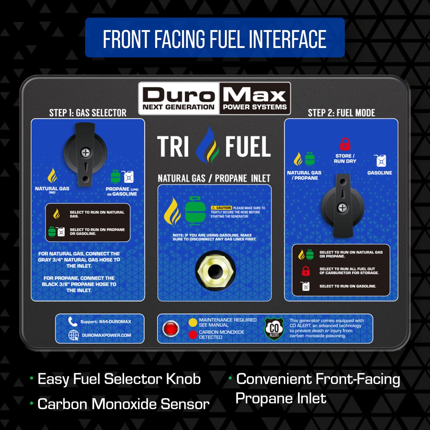 DuroMax XP13000HXT Générateur portable au gaz naturel, propane, tri-carburant, 13 000 watts, 500 cc, avec alerte CO, noir/bleu, tri-carburant, 13 000 watts 