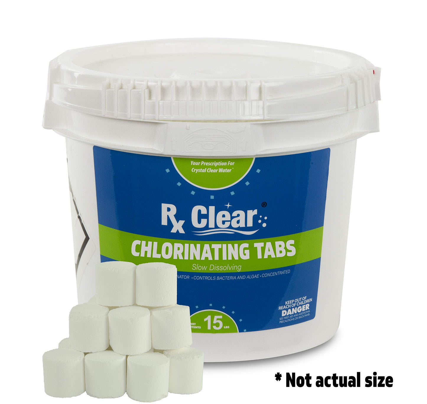 Rx Clear Comprimés de chlore stabilisé de 1 pouce | Utiliser comme bactéricide, algicide et désinfectant dans les piscines et les spas | Dissolution lente et protection UV | 15 livres