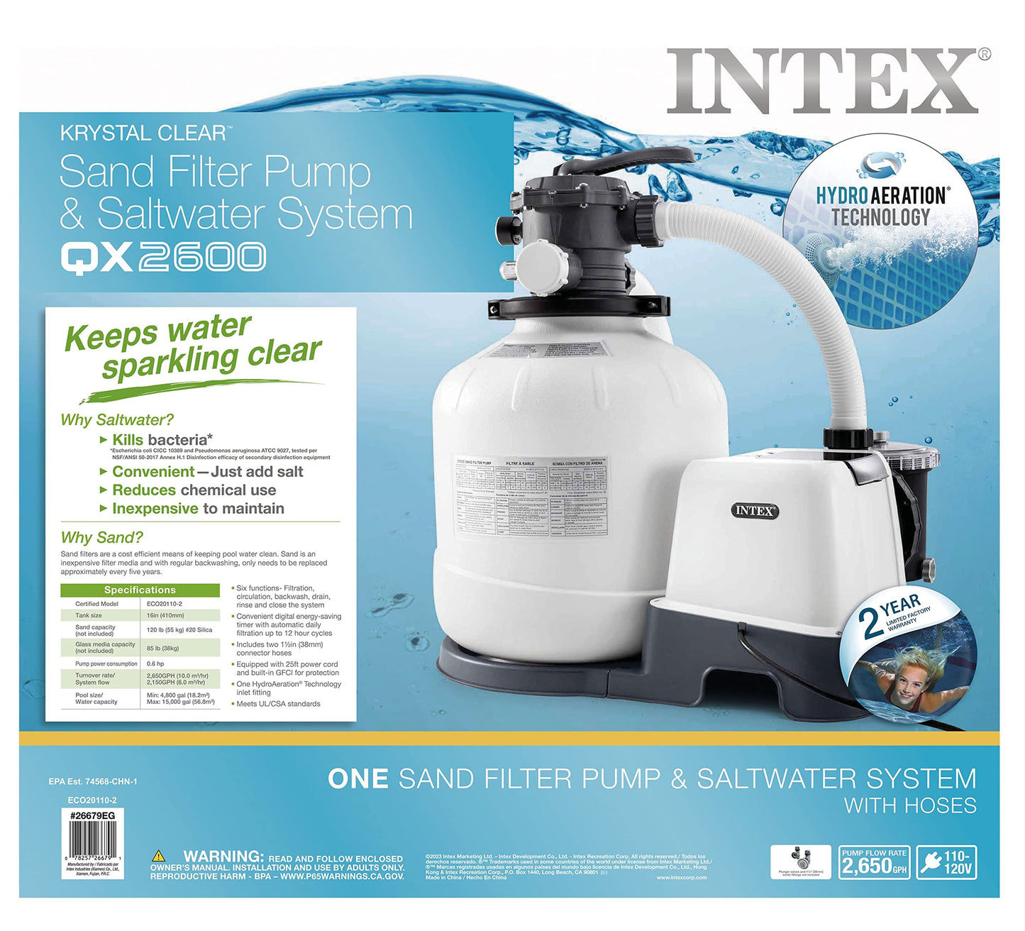 INTEX 26679EG QX2600 Pompe de filtre à sable transparent Krystal et système d'eau salée pour piscines hors sol, 16 pouces
