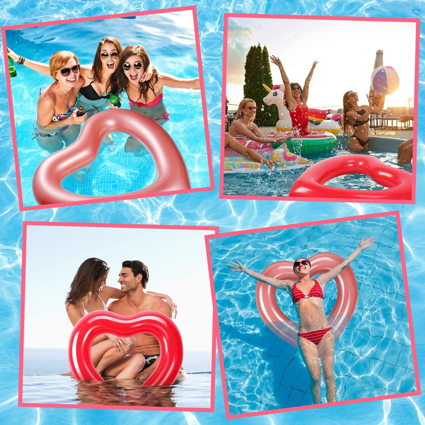 Lot de 2 flotteurs de piscine en forme de cœur, bouées de natation gonflables pour enterrement de vie de jeune fille, bouée d'été en forme de cœur, fête de plage amusante pour adultes (or rose, rouge vif)