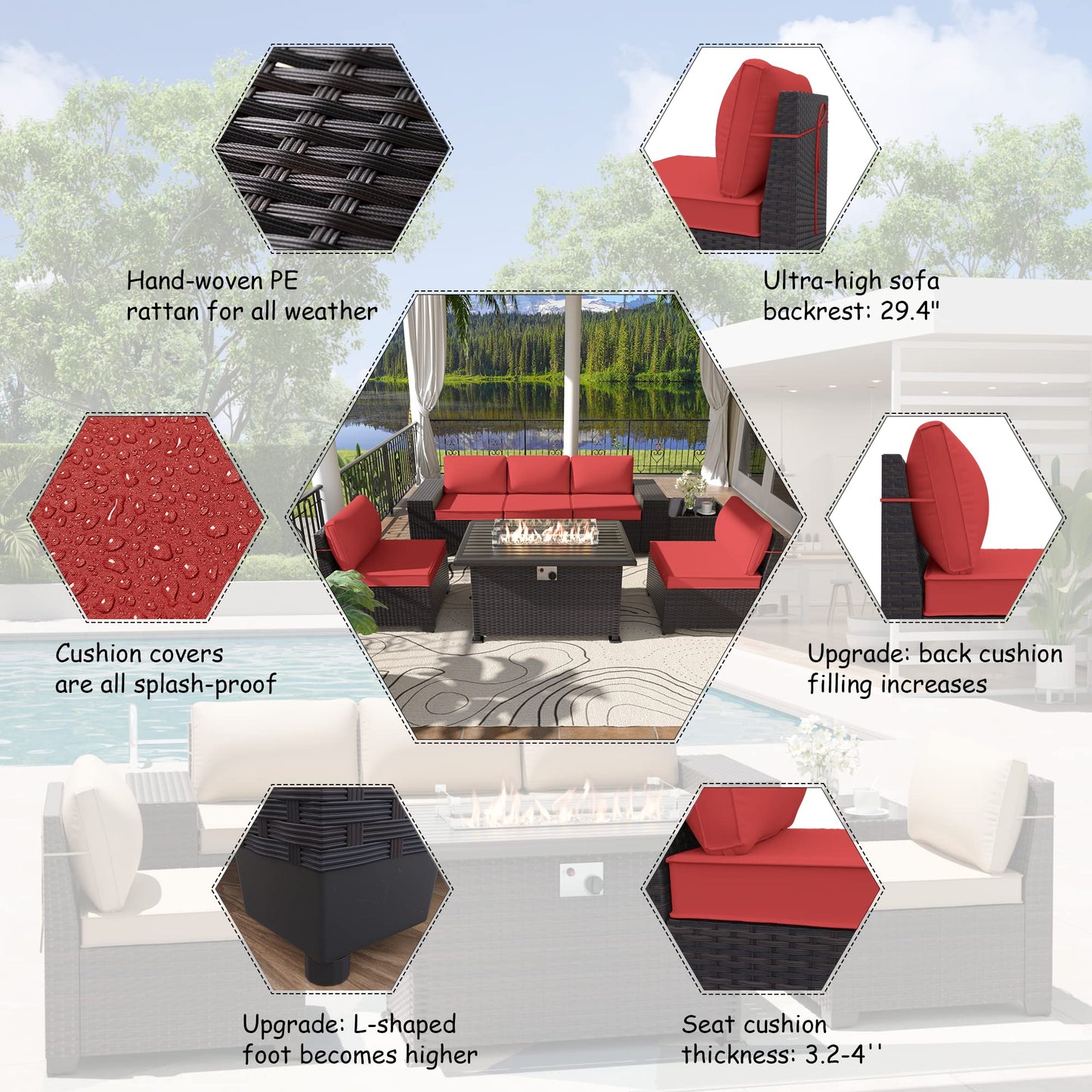 ALAULM 7 Pieces Outdoor Patio Furniture Set with Propane Fire Pit Table Patio Sectional Sofa Sets - Red
