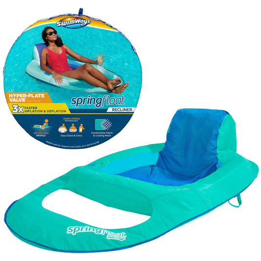 SwimWays Chaise longue de piscine inclinable à flotteur à ressort avec valve hyper-plate, inclinable Aqua Aqua