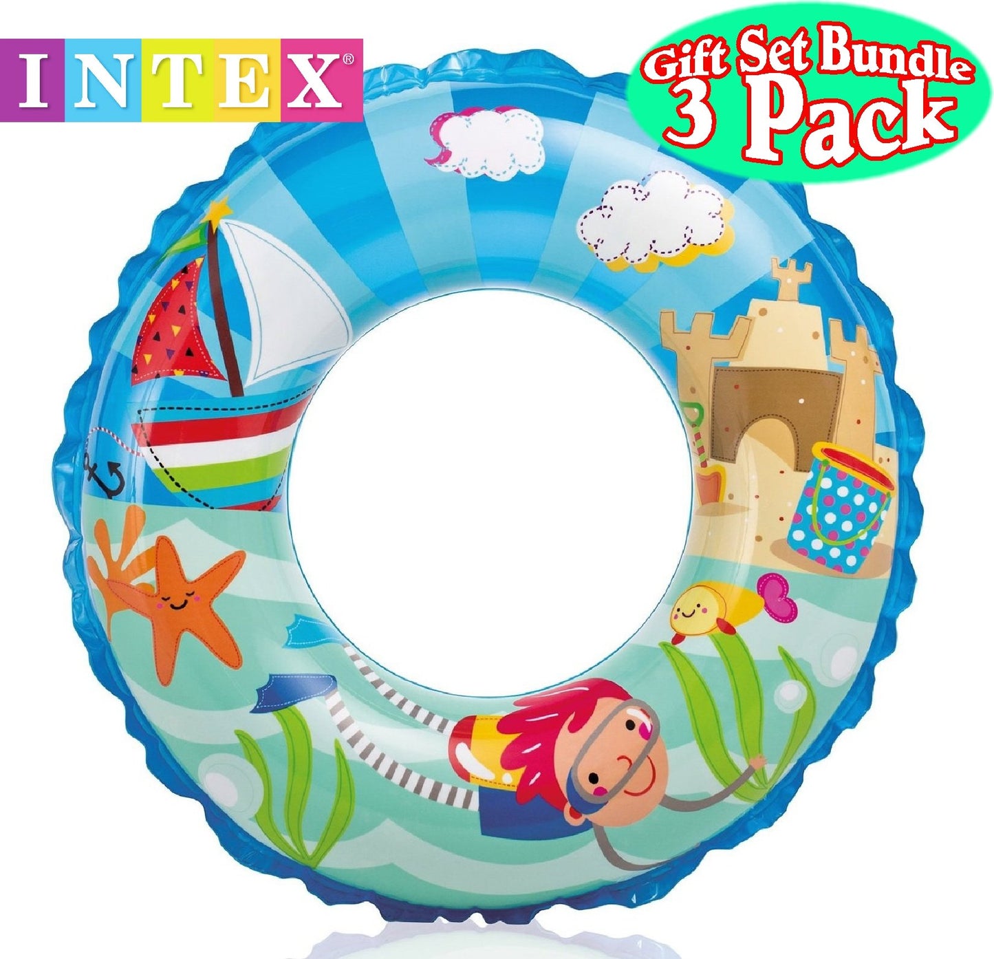 Intex Ocean Reef Anneaux de natation transparents Dinosaures, sirène et ensemble cadeau de plage Bundle-3 Pack Basic