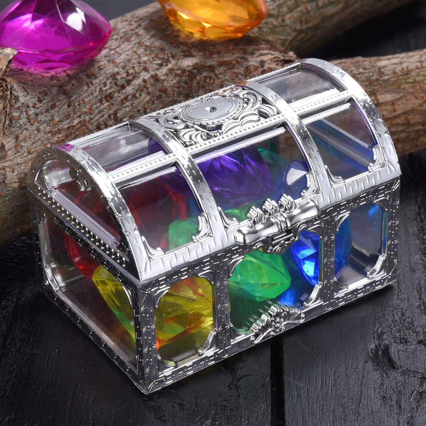 Diving Gem Pool Toy 6 Big Colorful Diamonds Set with Treasure Pirate Box Summer Swimming Gem Diving Toys Set Dive Throw Toy Set Underwater Swimming Toy for Pool Use Treasures Gift Sets (silver white) Silver White