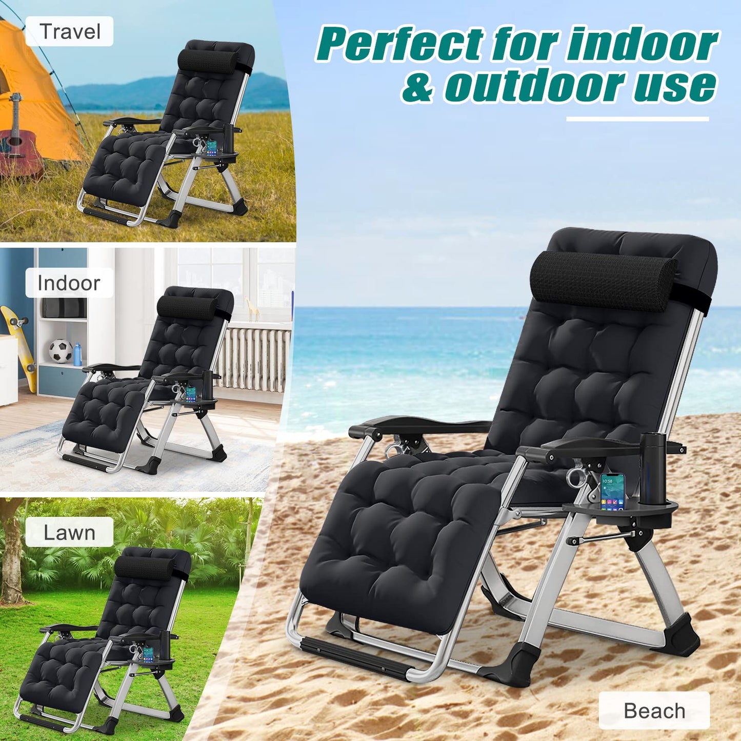 Zero Gravity Chair, Lawn Recliner, Reclining Patio Lounger Chair, Folding Portable Chaise with Detachable Soft Cushion, Cup Holder, Headrest Black Zero Gravity Chair