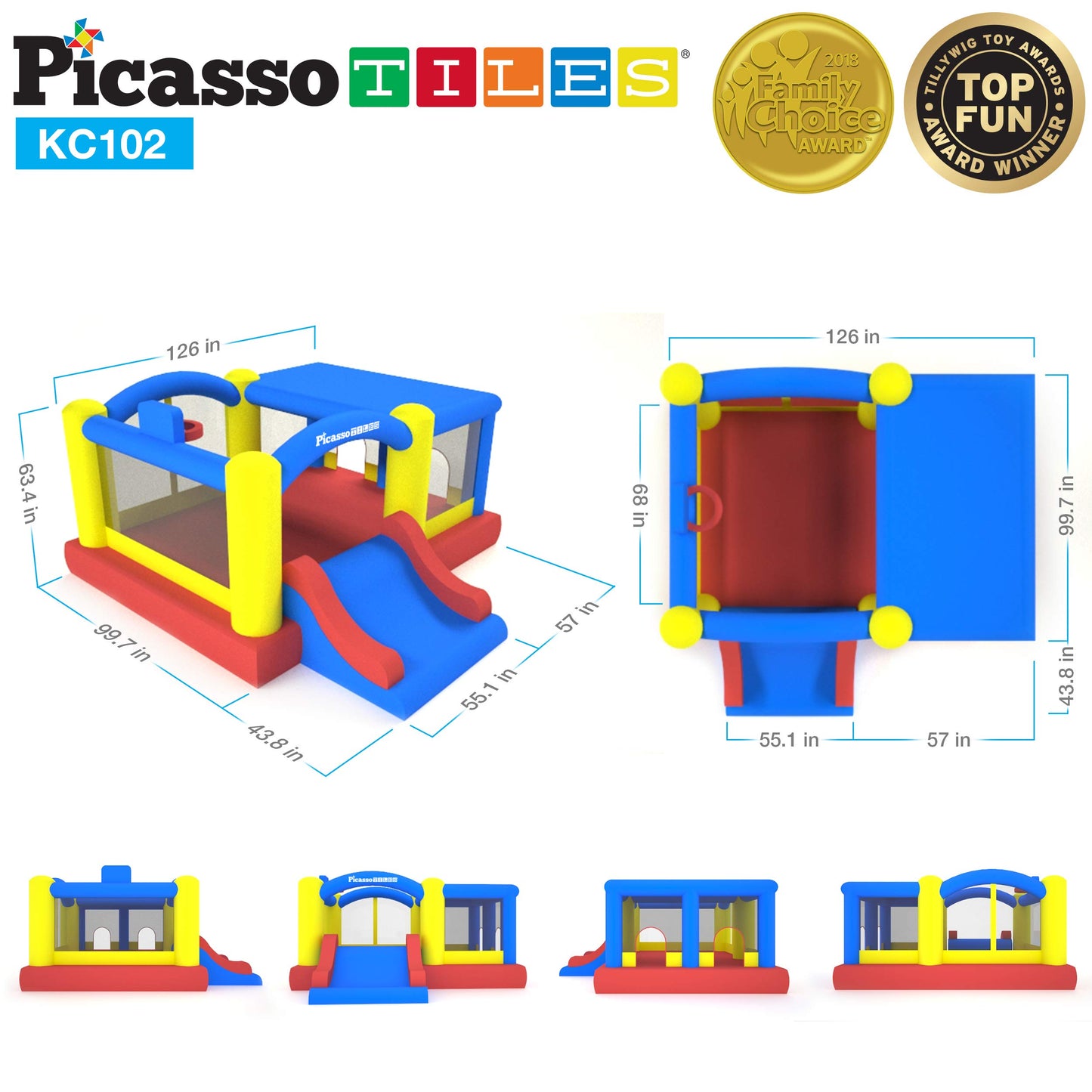 [Upgrade Version] Picasso Toys KC102 12x10 Foot Inflatable Bouncer Jumping Bouncing House, Jump Slide, Dunk Playhouse w/ Basketball Rim, 4 Sports Balls, Full-Size Entry, 580W ETL Certified Blower Bounce House102