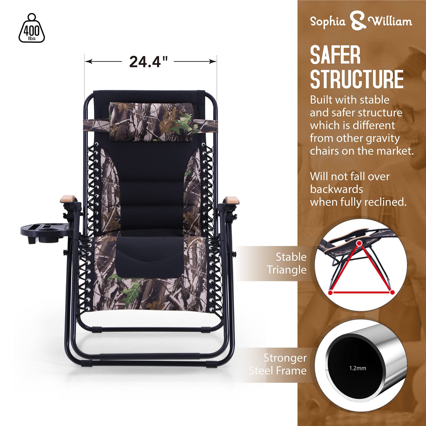 Sophia & William Oversize Zero Gravity Chair, Padded Recliner with Free Cup Holder, Supports 400 LBS (Camouflage) 1 Pack Camouflage