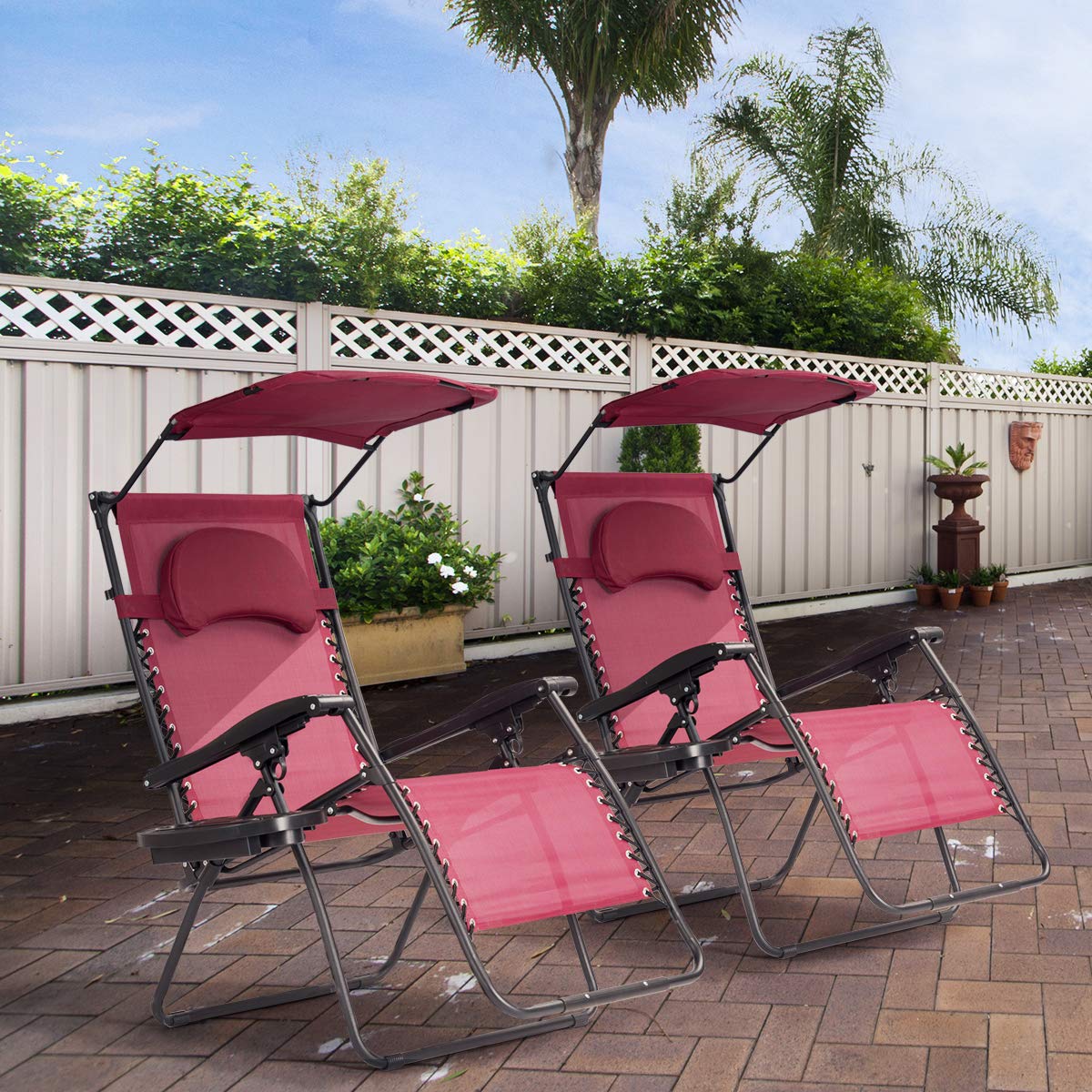 Chaise Goplus Zero Gravity, chaise de jardin pliante X-Large avec abat-jour et porte-gobelet, fauteuil inclinable de terrasse pliable réglable pour terrasse de porche de piscine surdimensionnée (vin)