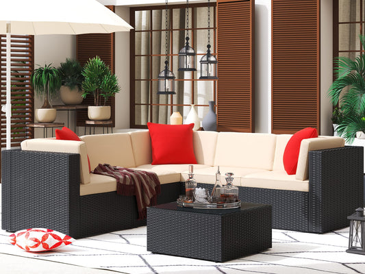 Greesum Ensemble de meubles de patio 6 pièces avec canapé sectionnel en rotin et osier avec coussins, oreillers et table en verre, beige 6 pièces 