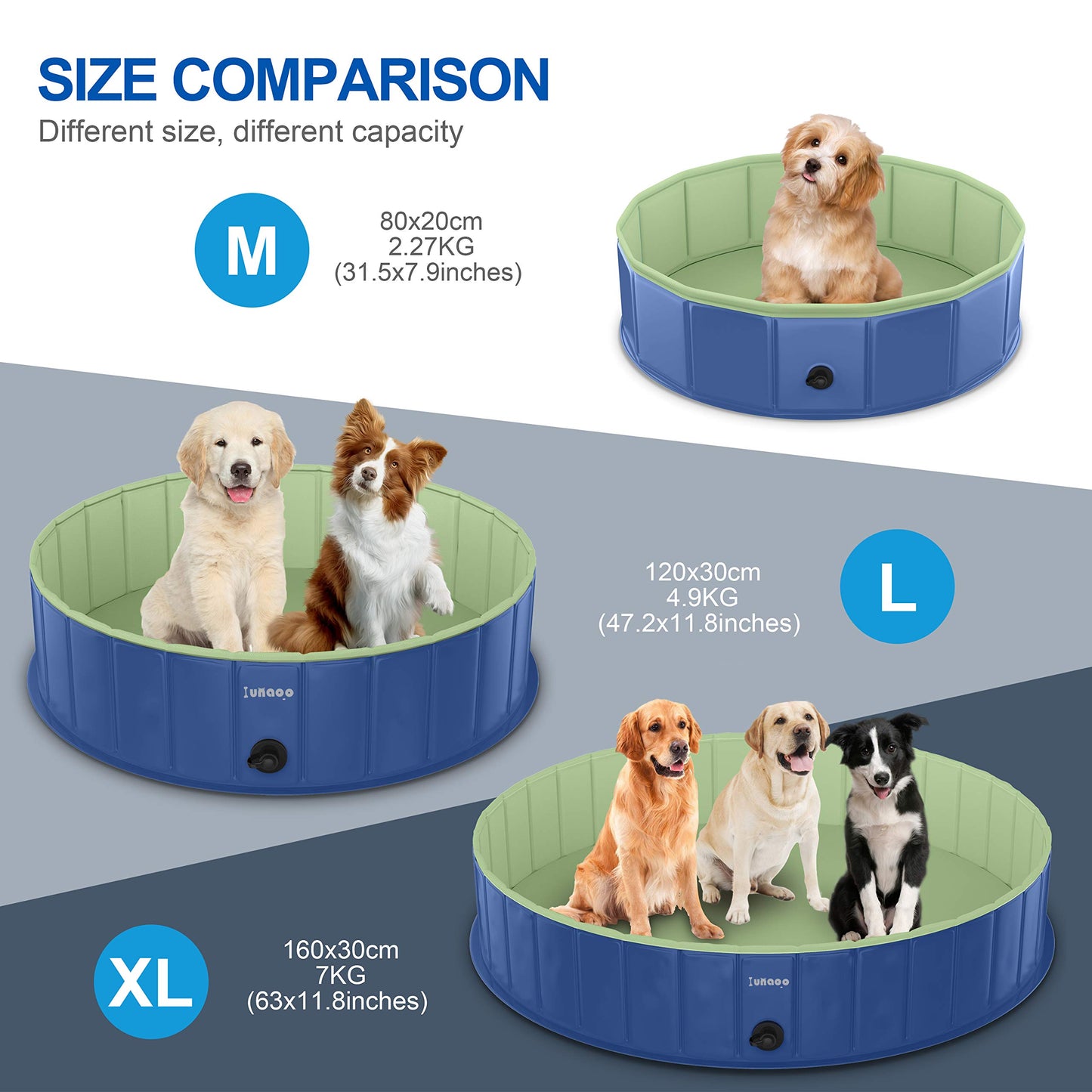 Foldable Dog Pool by LUNAOO- Portable Kiddie Pool, Durable PVC Outdoor Swimming Pool for Large Small Dogs (L - 47'' x 12'', Navy Blue Green) L - 47'' x 12''