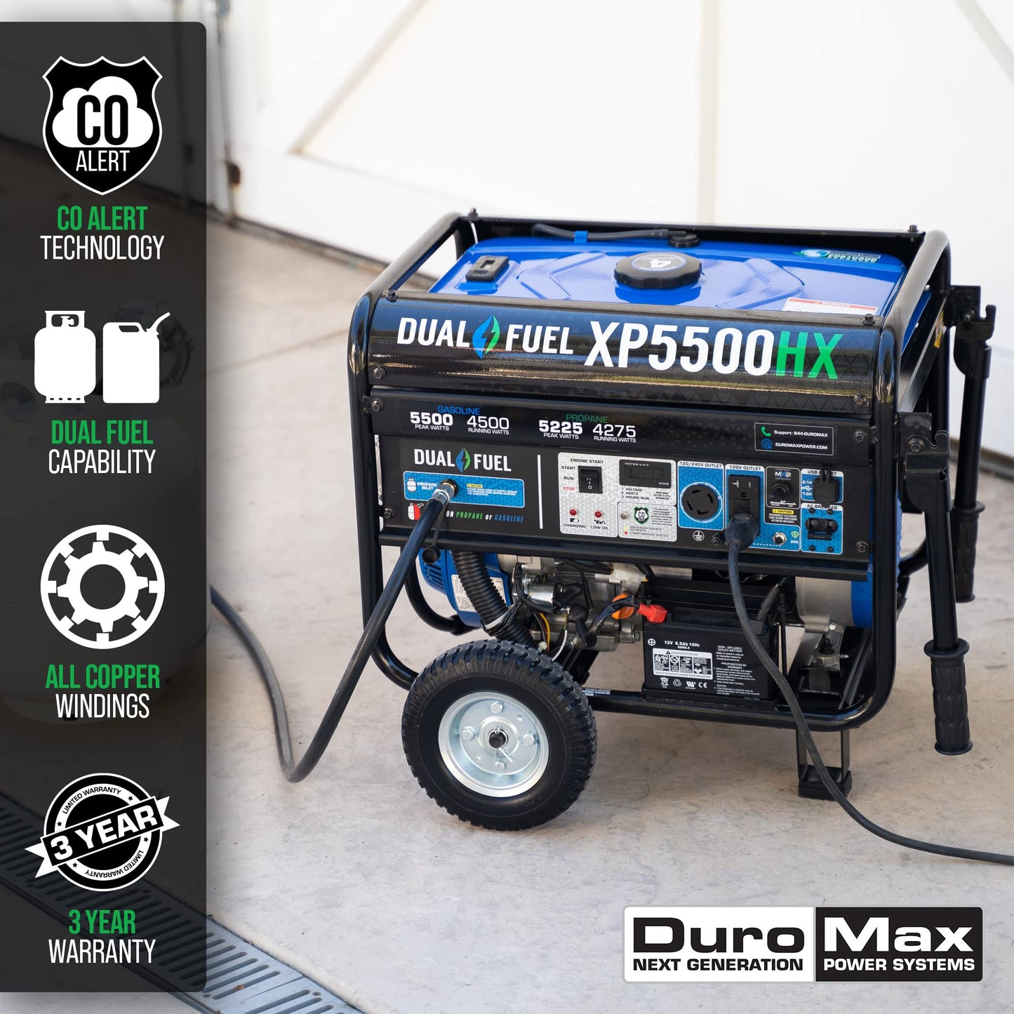 DuroMax XP5500HX Générateur portable double carburant - 5 500 W - Démarrage électrique alimenté au gaz ou au propane avec alerte CO, approuvé par 50 États - Bleu 5 500 W double carburant 