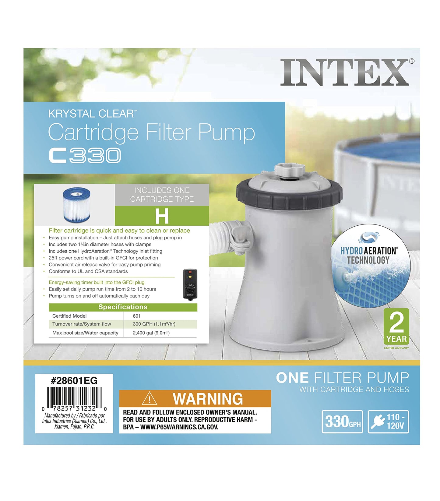 INTEX 28601EG C330 Pompe de filtration à cartouche transparente Krystal pour piscines hors sol, débit de la pompe 330 GPH 330 gallons par heure