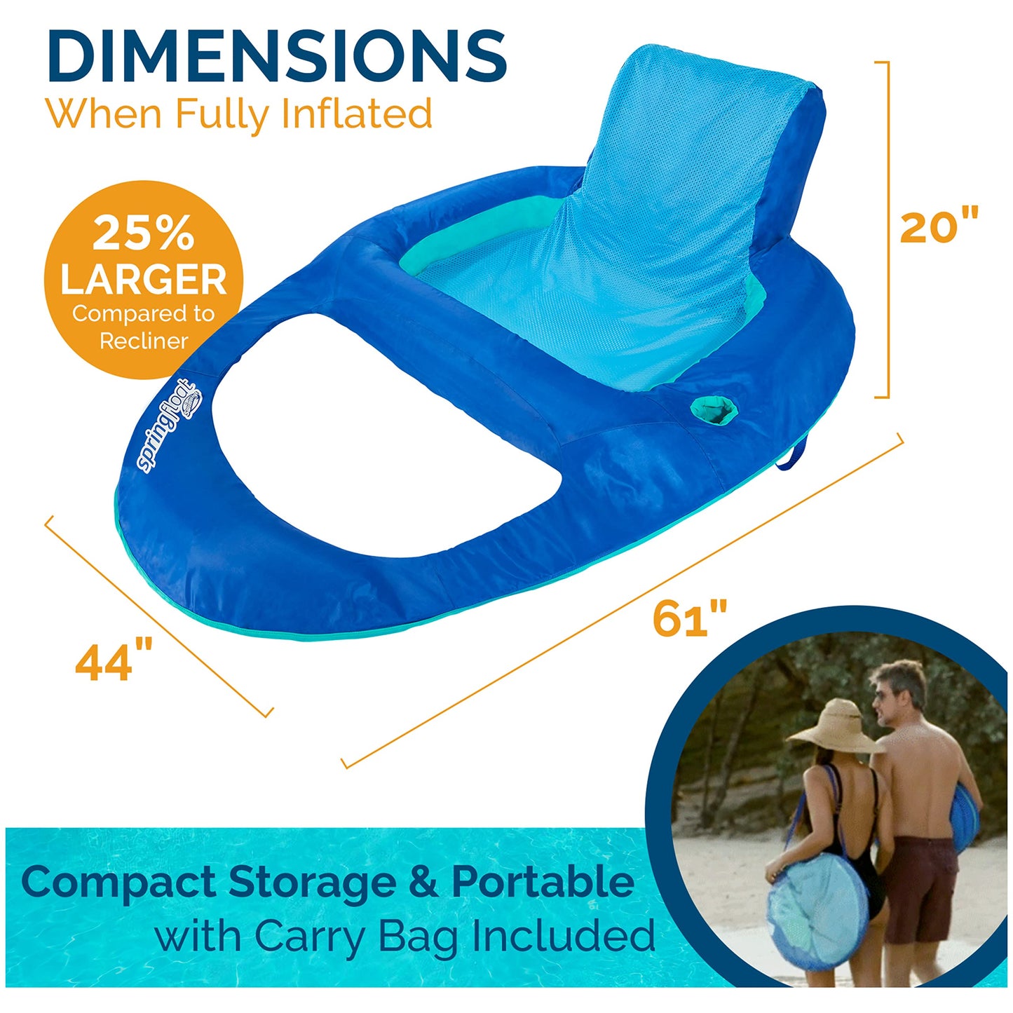 SwimWays Spring Float XL Chaise longue de piscine inclinable avec valve hyper plate, 25 % plus grande que le fauteuil inclinable Spring Float, Bleu