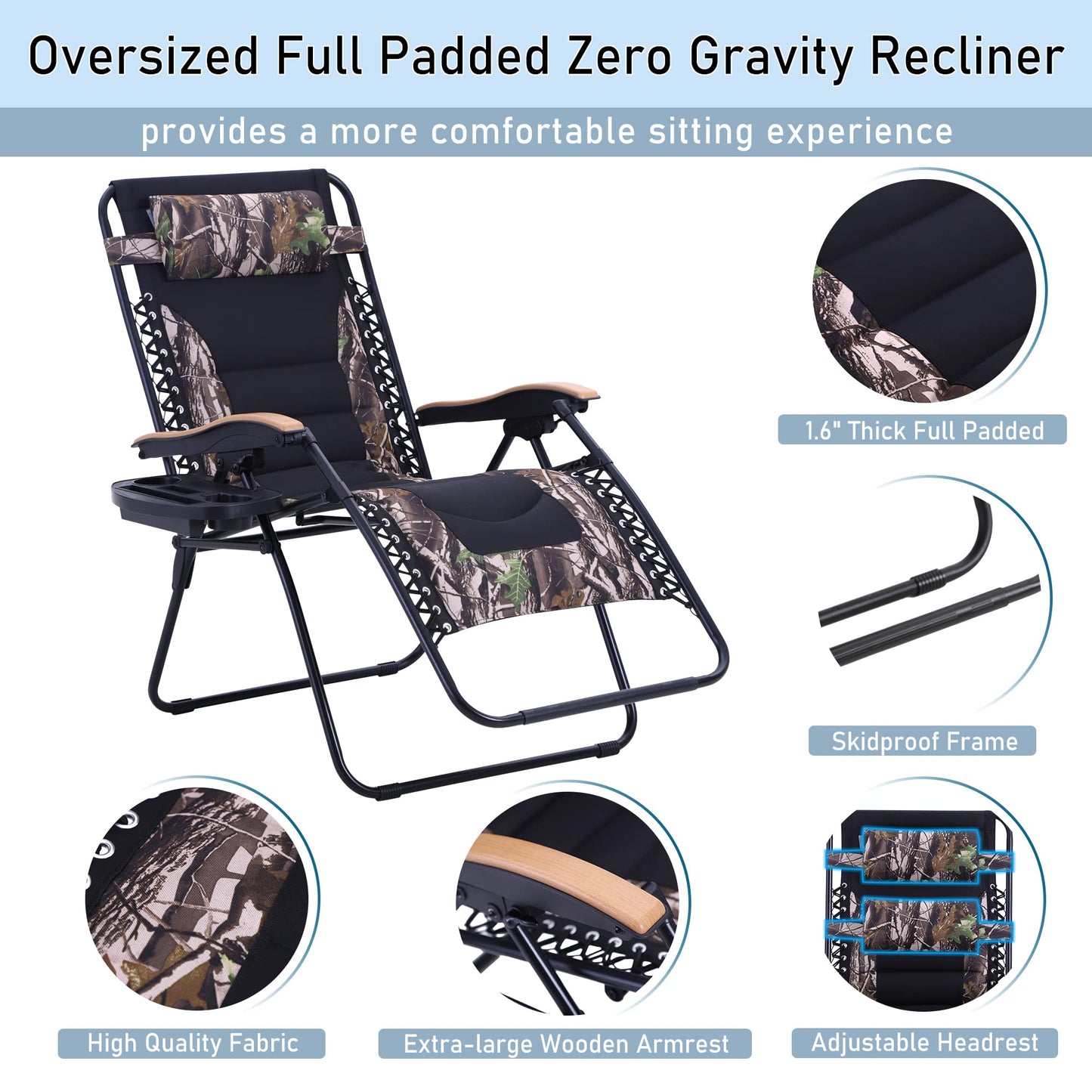 PHI VILLA Lot de 2 chaises longues rembourrées Zero Gravity surdimensionnées avec accoudoir large et inclinable pliable, ensemble de 2, supporte 400 lb (camouflage) Camouflage surdimensionné 2-Pack