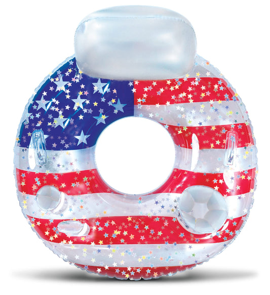 Flotteur de piscine gonflable USA POZA - Chaise longue amusante luxueuse remplie de confettis étoiles argentées scintillantes, flotteurs de piscine à eau au design drapeau américain cool pour la plage, le lac et la piscine USA Tube de luxe
