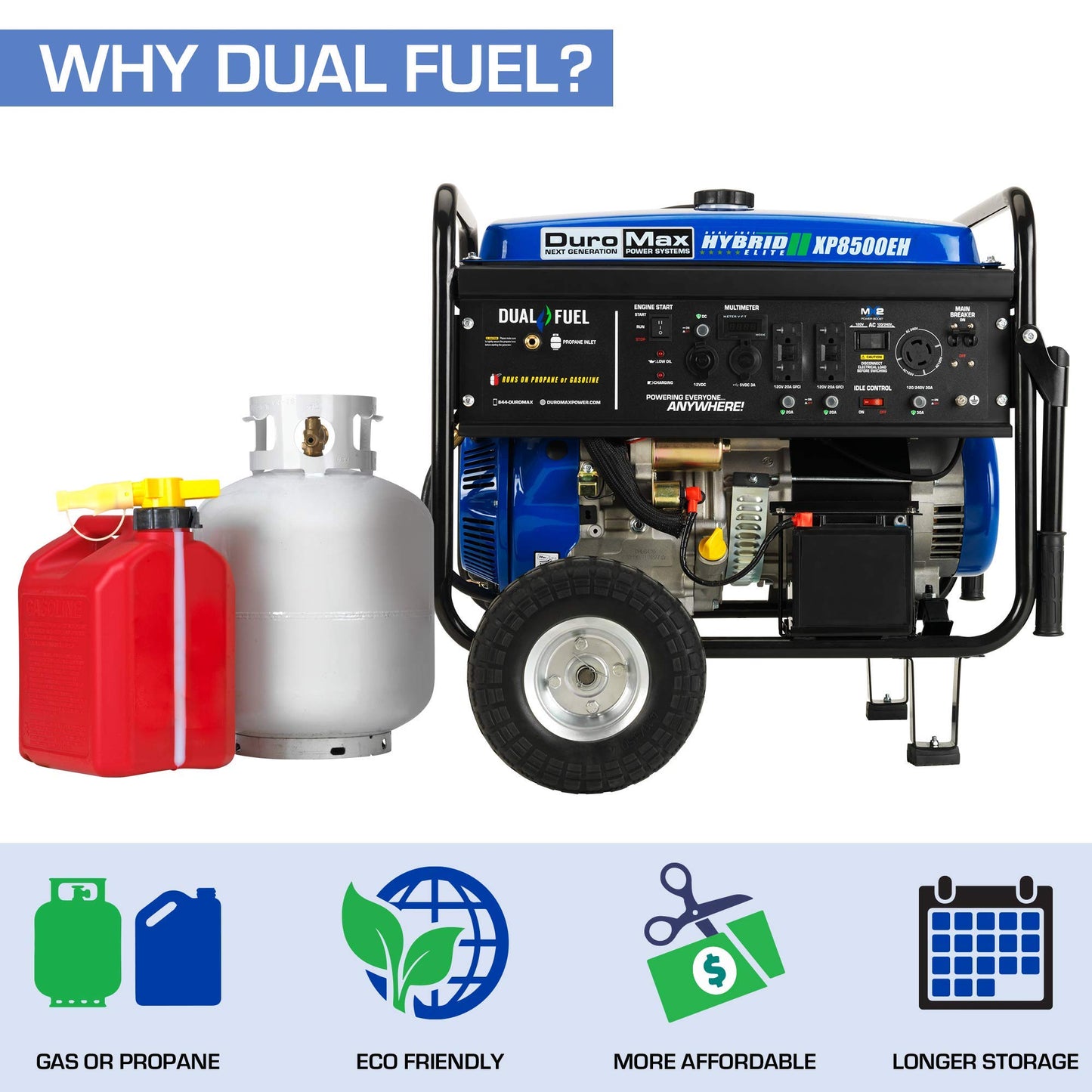 DuroMax XP8500EH Générateur portable bicarburant - 8 500 watts alimenté au gaz ou au propane avec démarrage électrique 