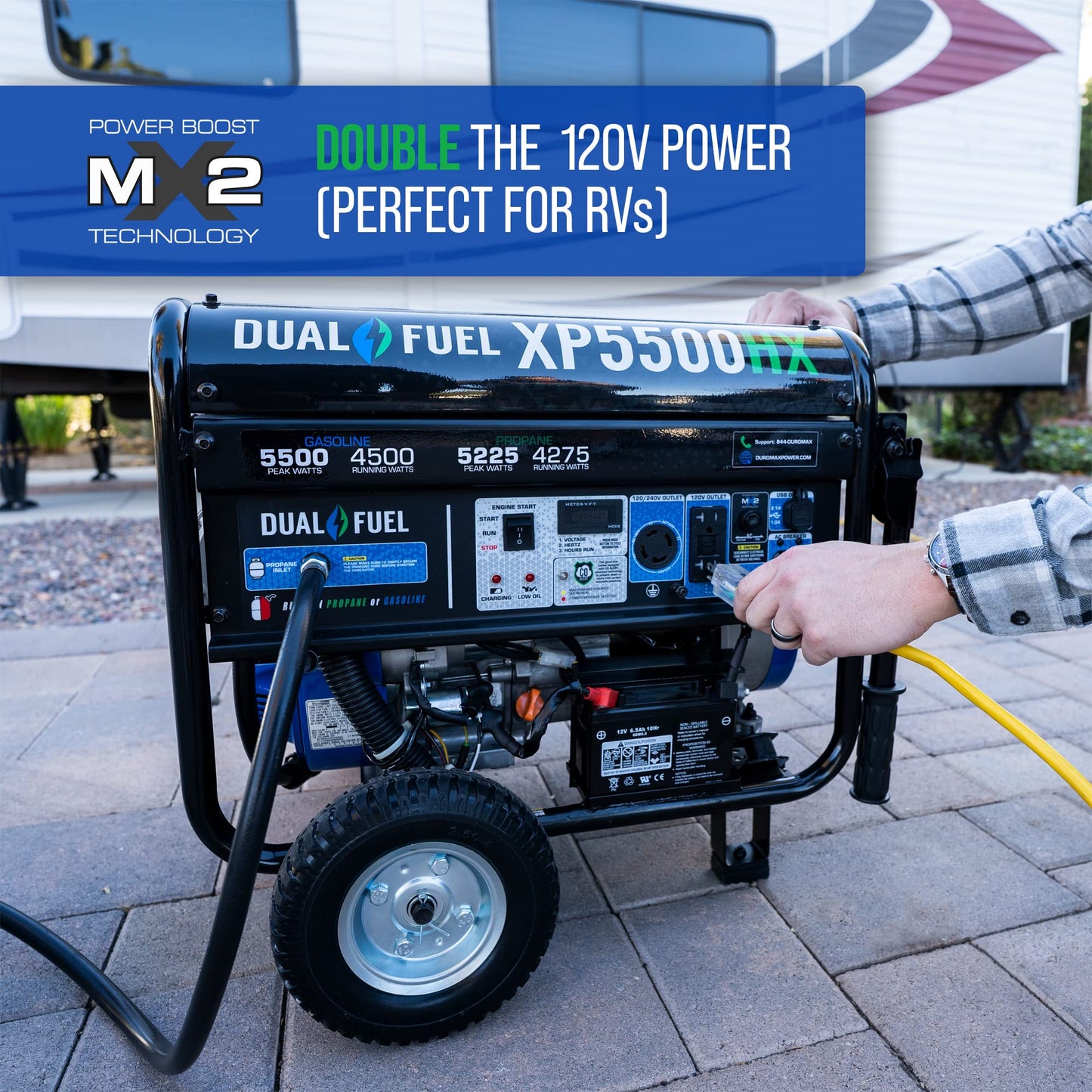DuroMax XP5500HX Générateur portable double carburant - 5 500 W - Démarrage électrique alimenté au gaz ou au propane avec alerte CO, approuvé par 50 États - Bleu 5 500 W double carburant 