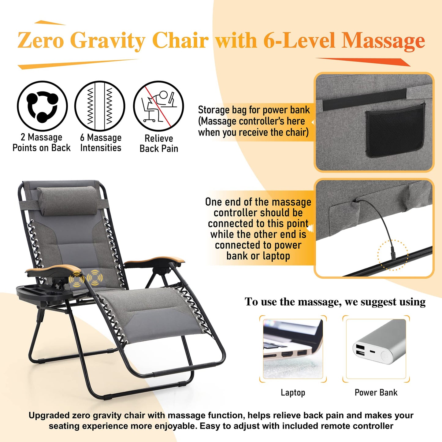 Sophia &amp; William XL Zero Gravity Chair avec massage, chaise longue inclinable à gravité surdimensionnée avec porte-gobelet gratuit, prend en charge 400 lb (gris) 1 paquet de massage gris