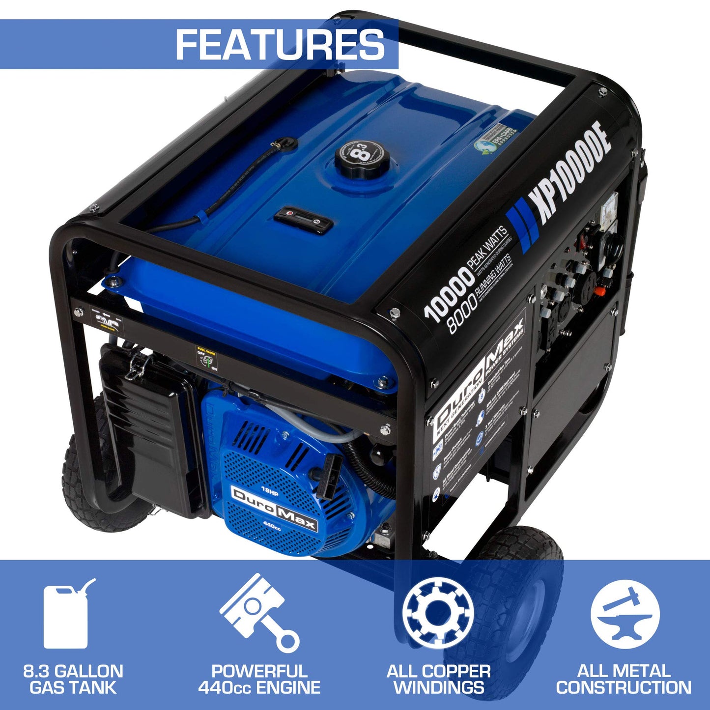 DuroMax XP10000E Générateur portable à gaz - 10 000 W - Démarrage électrique - Sauvegarde domestique et prêt pour camping-car - Approuvé par 50 États - Bleu/noir - 10 000 W 