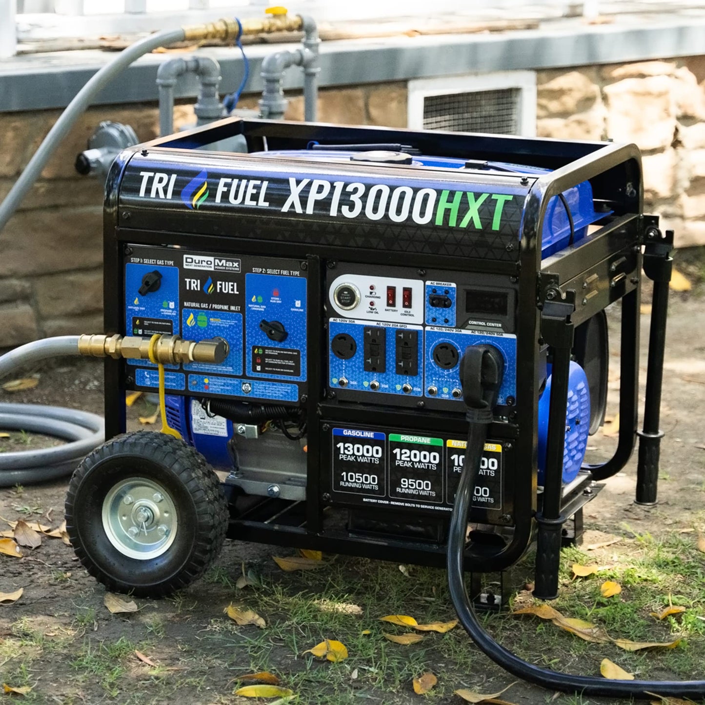 DuroMax XP13000HXT Générateur portable au gaz naturel, propane, tri-carburant, 13 000 watts, 500 cc, avec alerte CO, noir/bleu, tri-carburant, 13 000 watts 