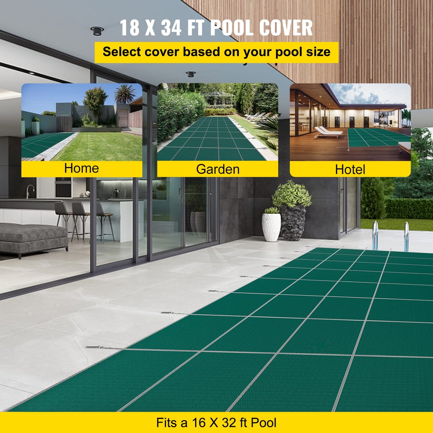Happybuy Inground Pool Safety Cover, 16 x 32 ft Rectangular Winter Pool Cover with Left Step, Triple Stitched, High Strength Mesh PP Material, Good Rain Permeability, Installation Hardware Included 16 x 32 ft with 4x8ft Left Step