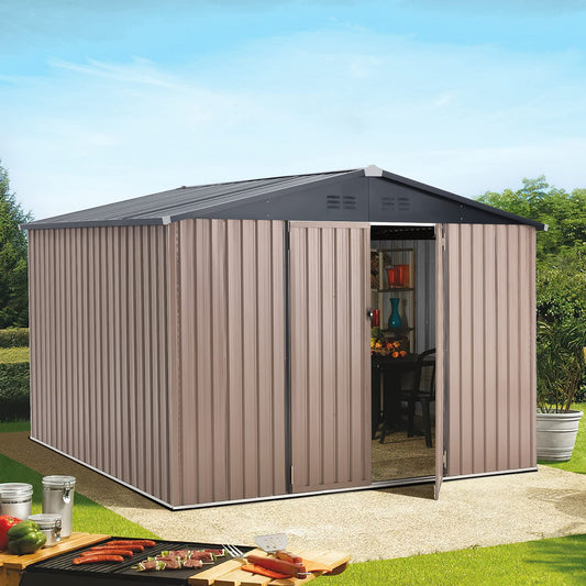 AECOJOY 10' x 8' Metal Storage Shed for Outdoor, Steel Yard Shed with Design of Lockable Doors, Utility and Tool Storage for Garden, Backyard, Patio, Outside use. 8' x 10' Grey&Light Tan