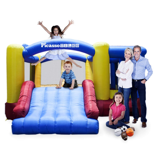 [Upgrade Version] Picasso Toys KC102 12x10 Foot Inflatable Bouncer Jumping Bouncing House, Jump Slide, Dunk Playhouse w/ Basketball Rim, 4 Sports Balls, Full-Size Entry, 580W ETL Certified Blower Bounce House102