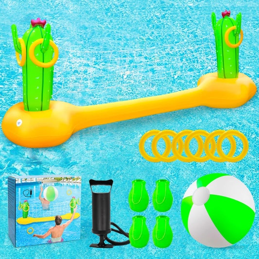 X XBEN Jeu de volley-ball gonflable pour piscine avec lancer d'anneaux, ensemble de flotteurs de piscine avec ballon, filet de volley-ball, jeu de piscine aquatique pour adultes, famille et natation, flotteurs d'été, terrain de volley-ball (jaune)